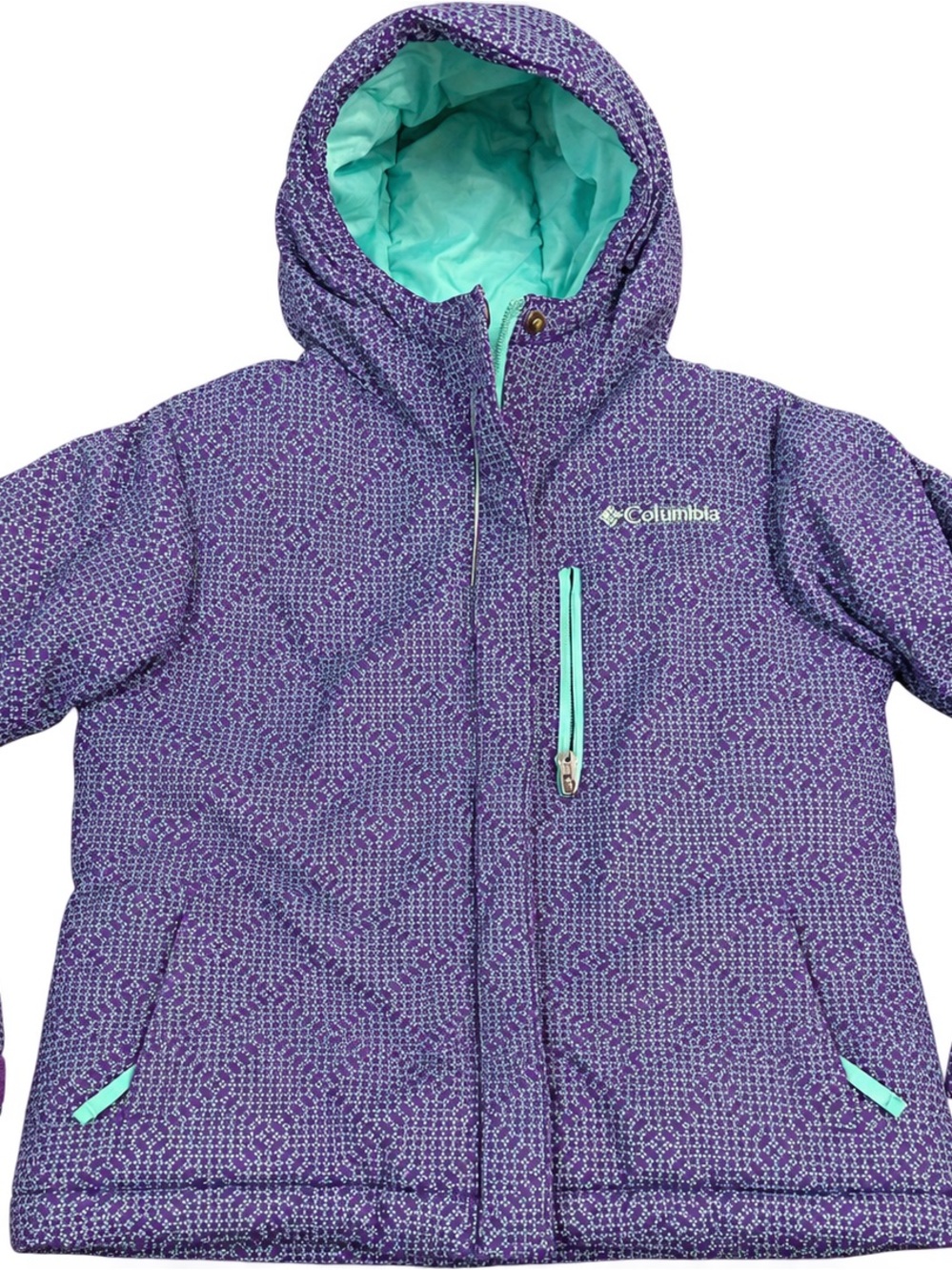Columbia Purple Geometric Hooded Jacket with Teal Accents